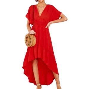 Flying Tomato Red V-Neck High-Low Midi Maxi Dress. Romantic size M